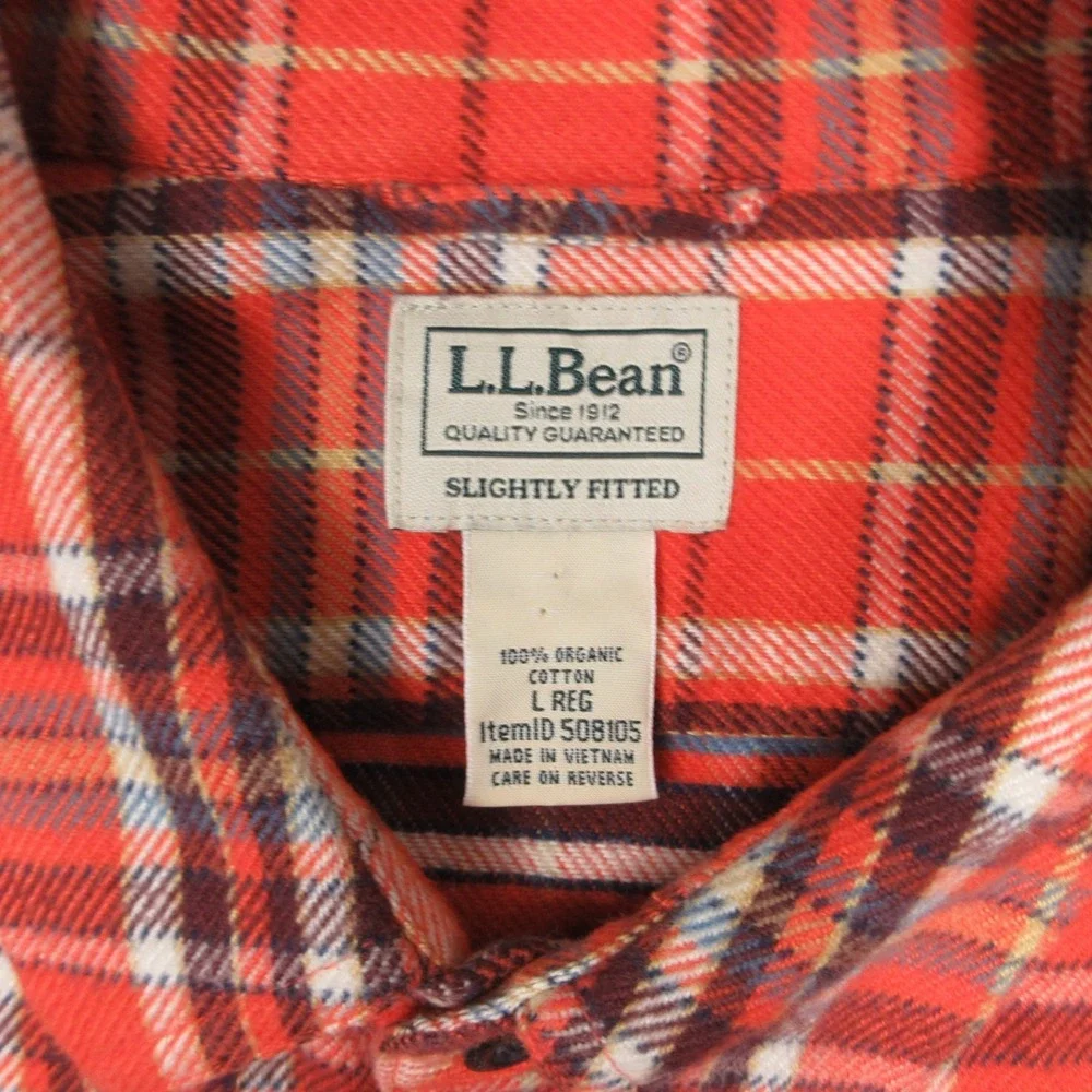 LL Bean Shirt Mens Large Orange Plaid Twill Flannel Organic Workwear Button Up
